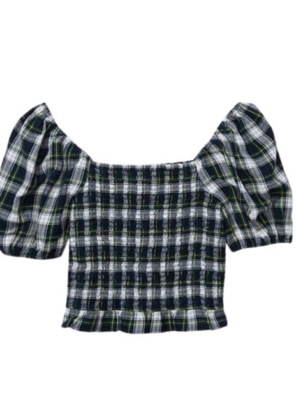 American Eagle 100% Cotton Black White Green Plaid Smocked Top L CottageCore